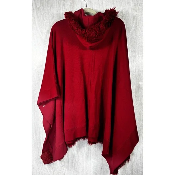 Polo Jeans Co Ralph Lauren Poncho Cape Red Fringe Hooded One Size Vintage Boho - Picture 3 of 8